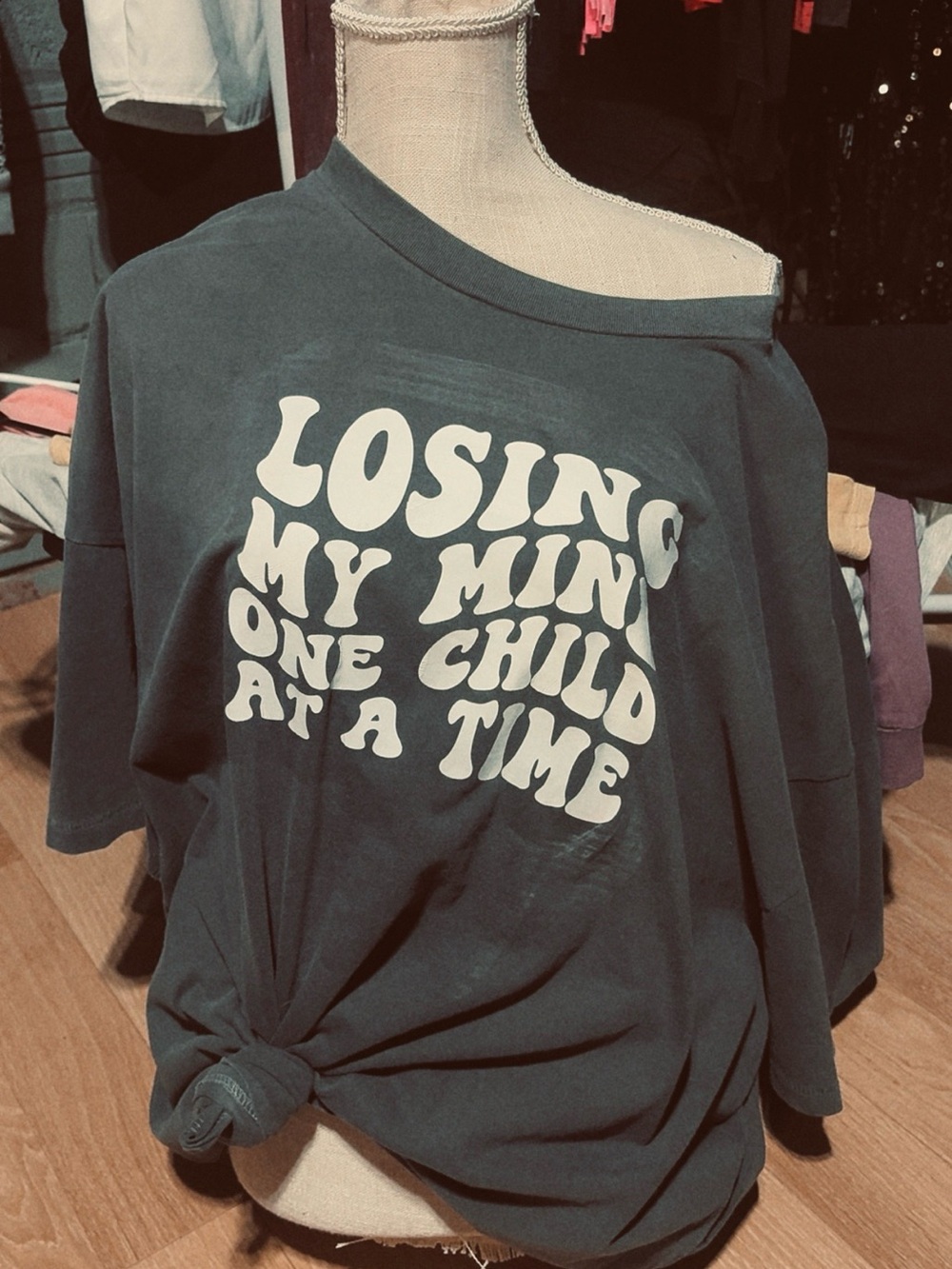 Off-Shoulder Graphic Tee in Dark Teal - 'Losing My Mind One Child at a Time'